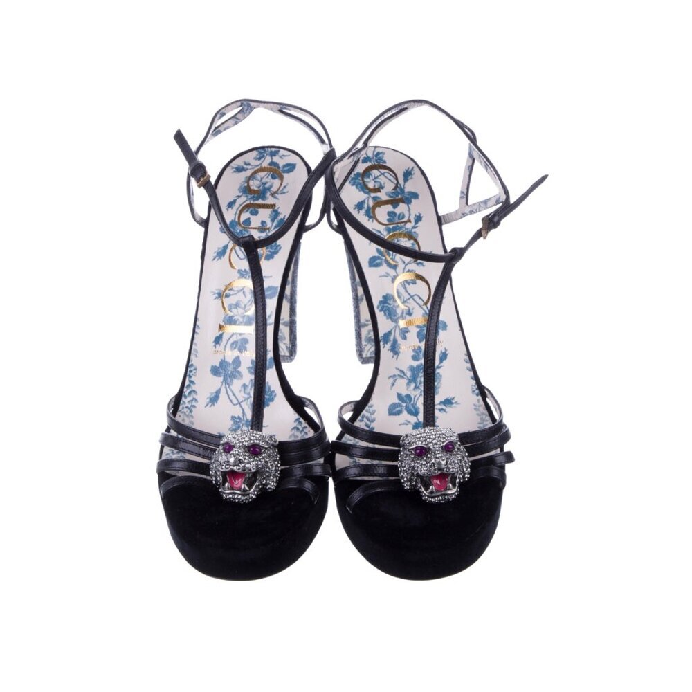 Gucci Crystal & Velvet T-Strap Panther Heels by Alessandro Michele